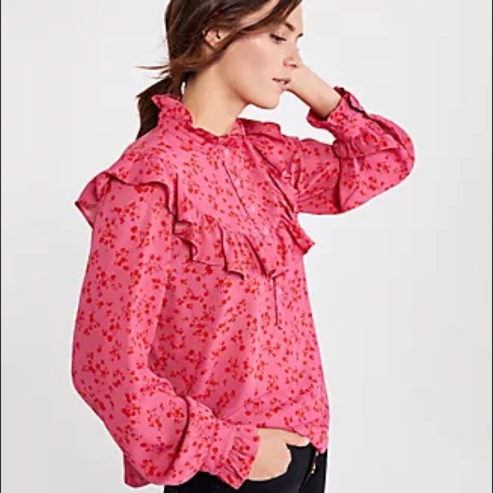 Ann Taylor Pink Floral Ruffle Bib Blouse